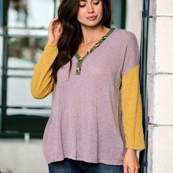 Lavender Green Mustard Color Block V-Neck Top Decorative Buttons - Picture 1 of 5